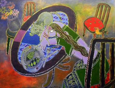 A lady with a cat & fish